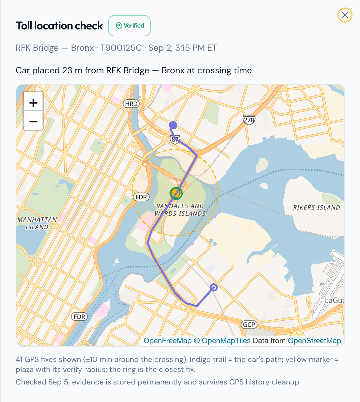 The toll location-evidence drawer: the RFK Bridge plaza with its verify radius, the car's GPS trail, and a Verified badge